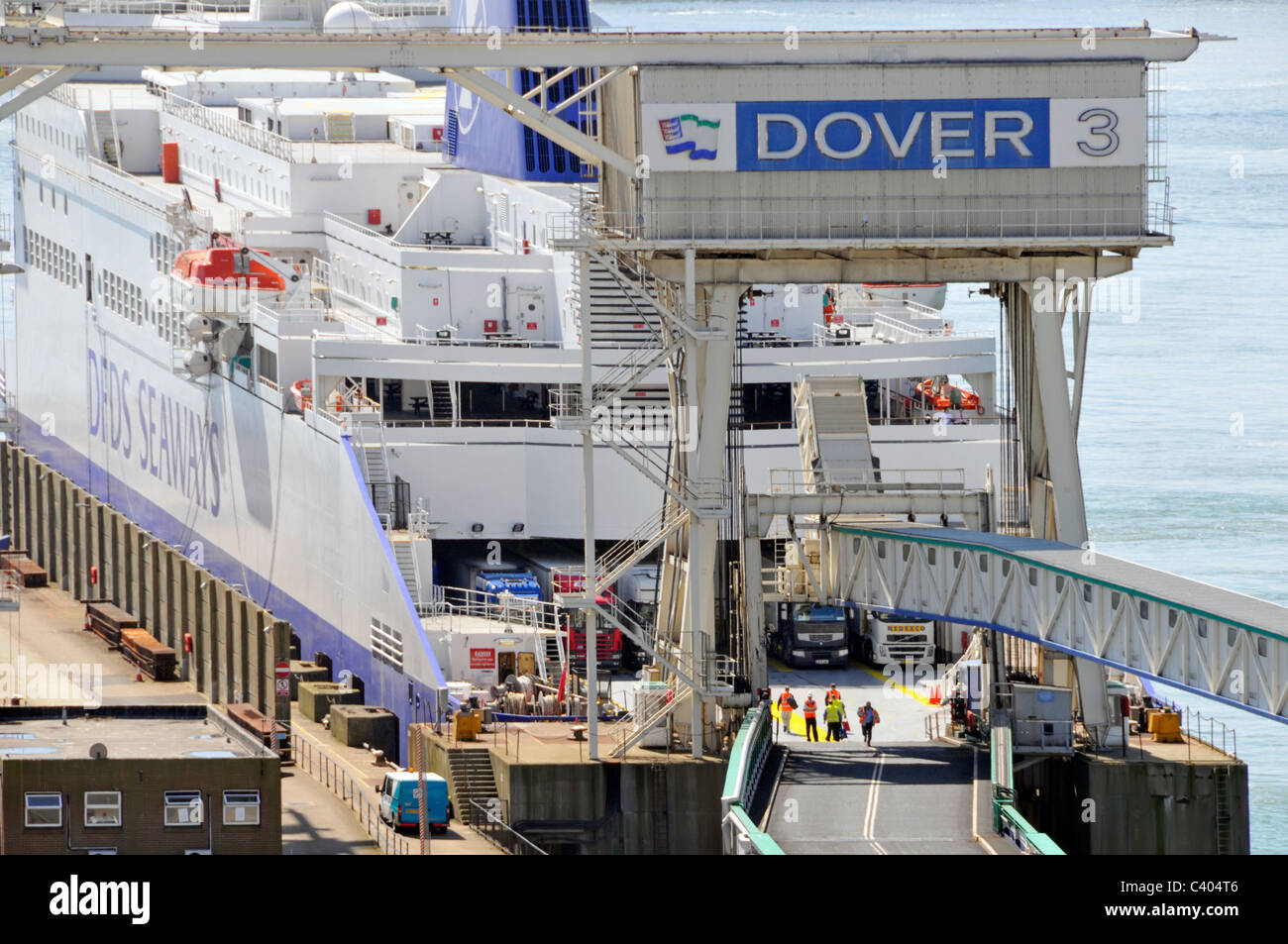 Lorries on DFDS cross channel ferry waiting to disembark at Dover ferry