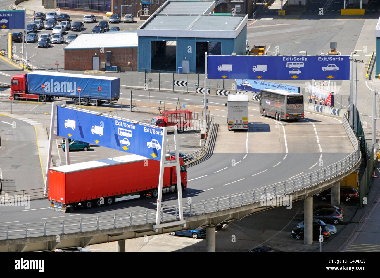 Newly arrived cross channel ferry traffic heading for Dover Port exit ...