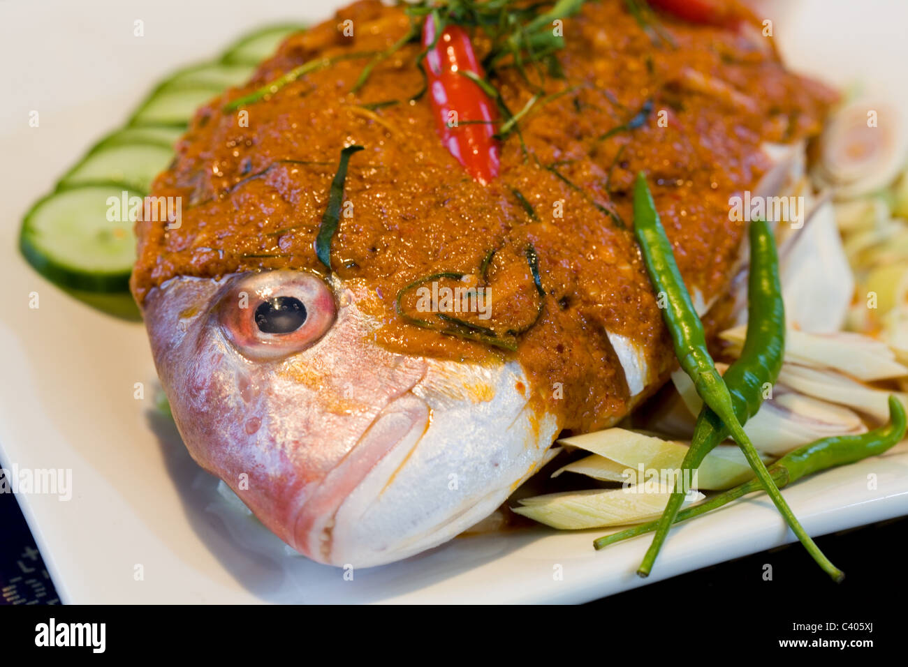 Fresh Snapper with Choo Chee Sauce Stock Photo