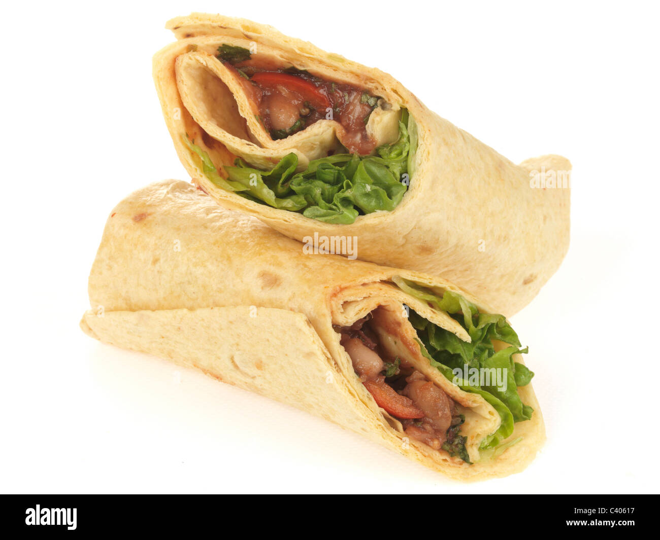 Freshly Made Or Prepared Spicy Chilli Bean Wrap With No People Against A White Background With A Clipping Path Stock Photo