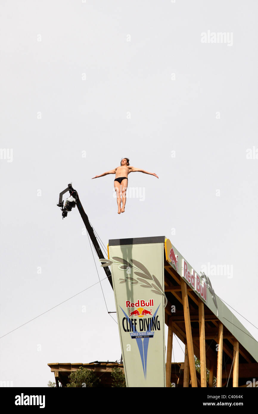 Red Bull Cliff diving at lake Vouliagmeni Athens Greece Stock Photo