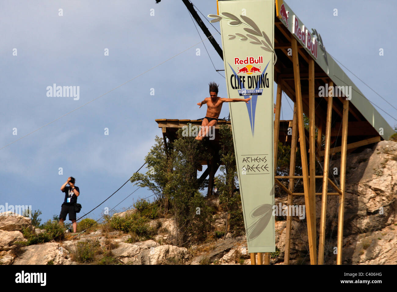 Red Bull Cliff diving at lake Vouliagmeni Athens Greece Stock Photo