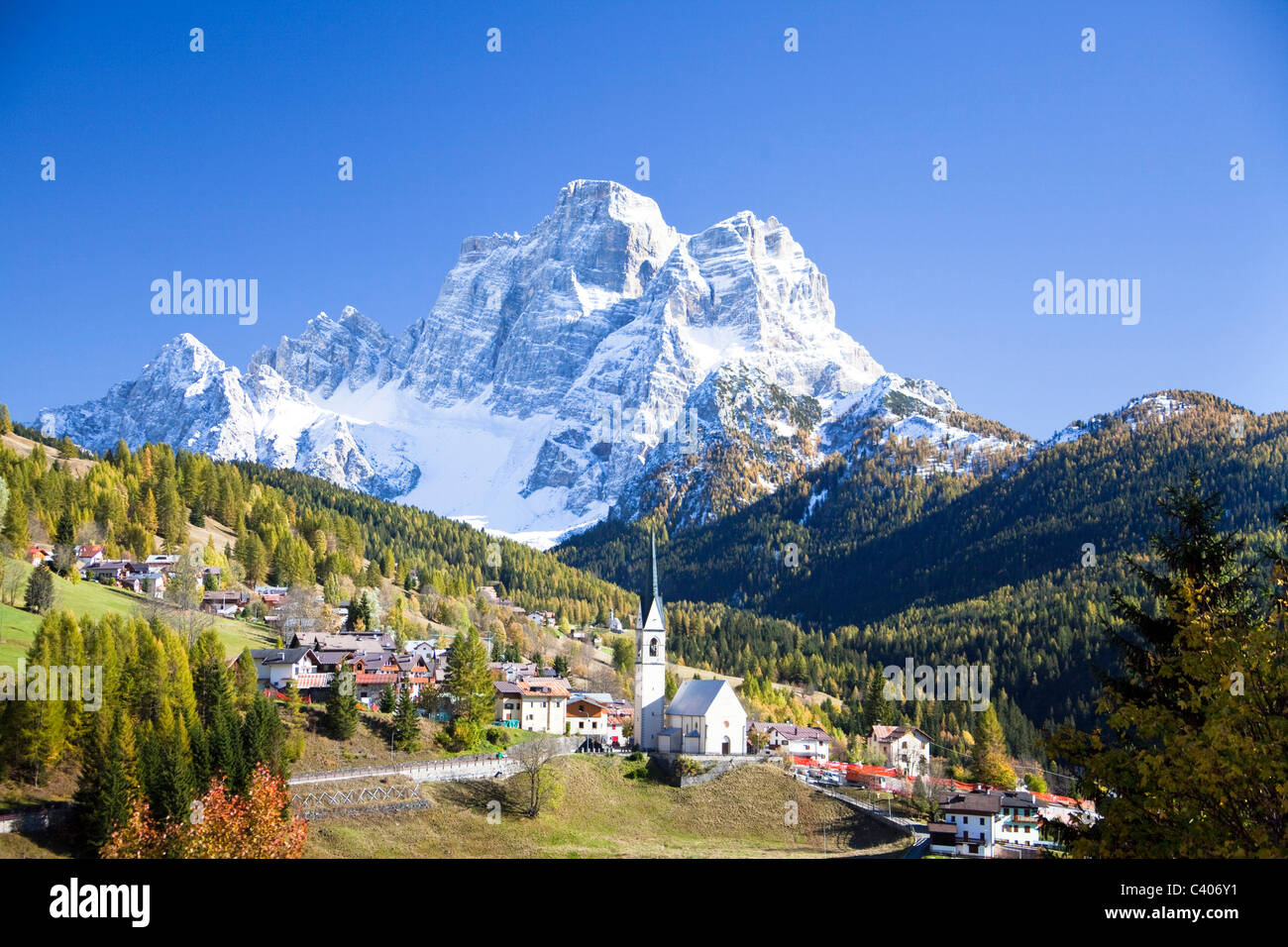Italy, Europe, Dolomites, Alps, Selva di Cadore, Pelmo, mountains, wood, forest, autumn, UNESCO world cultural heritage Stock Photo