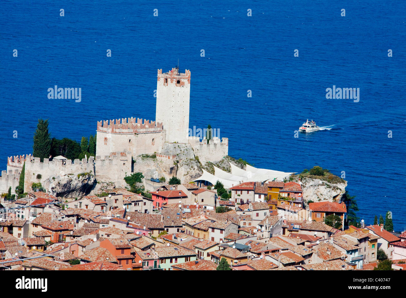 Italy, Europe, lake Garda, lake, Malcesine, tower, rook, castle, Old Town Stock Photo