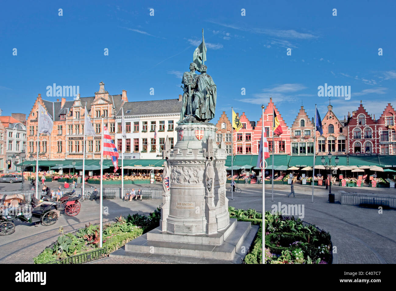 Belgium, Europe, Brugge, marketplace, Jan Breidel, monument, statue, houses, homes, gables Stock Photo