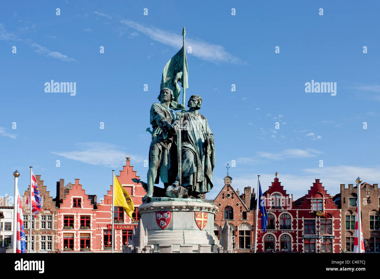 Belgium, Europe, Brugge, Jan Breidel, monument, statue, houses, homes, gables Stock Photo
