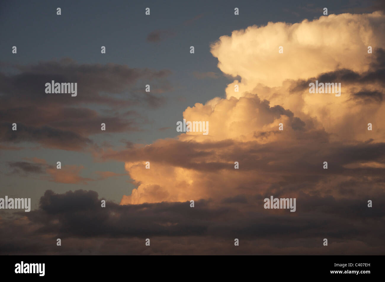 Frequently associated with thunderstorms. Cumulonimbus clouds over Southern England, catching the last rays of the setting sun. Weather, meteorology. Stock Photo