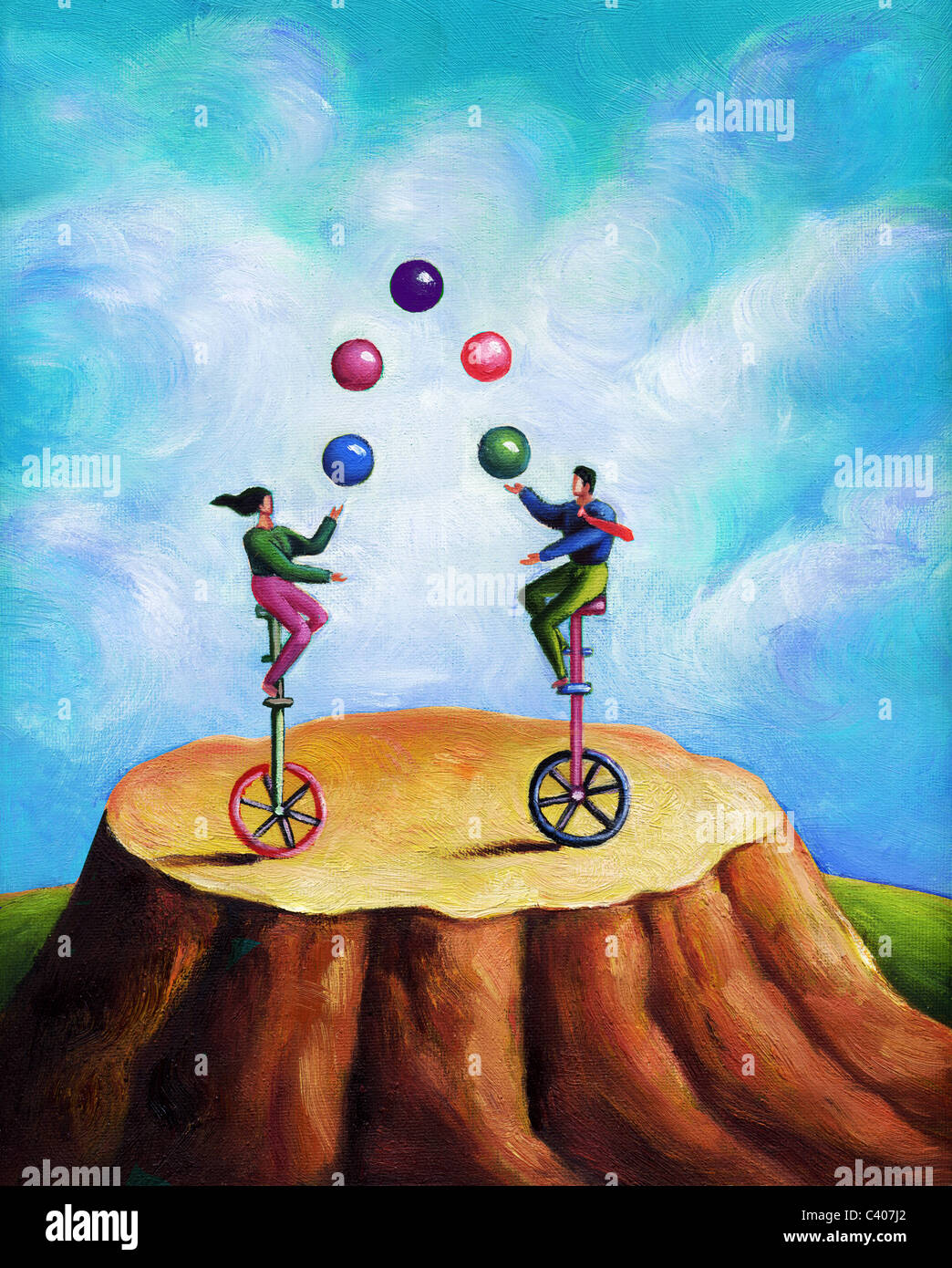 Illustration of two people juggling while on unicycles Stock Photo Alamy