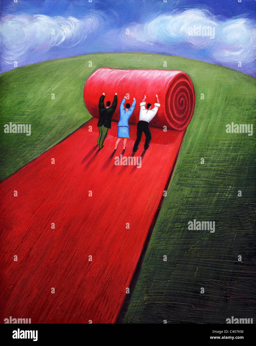 Illustration of people rolling out a red carpet Stock Photo