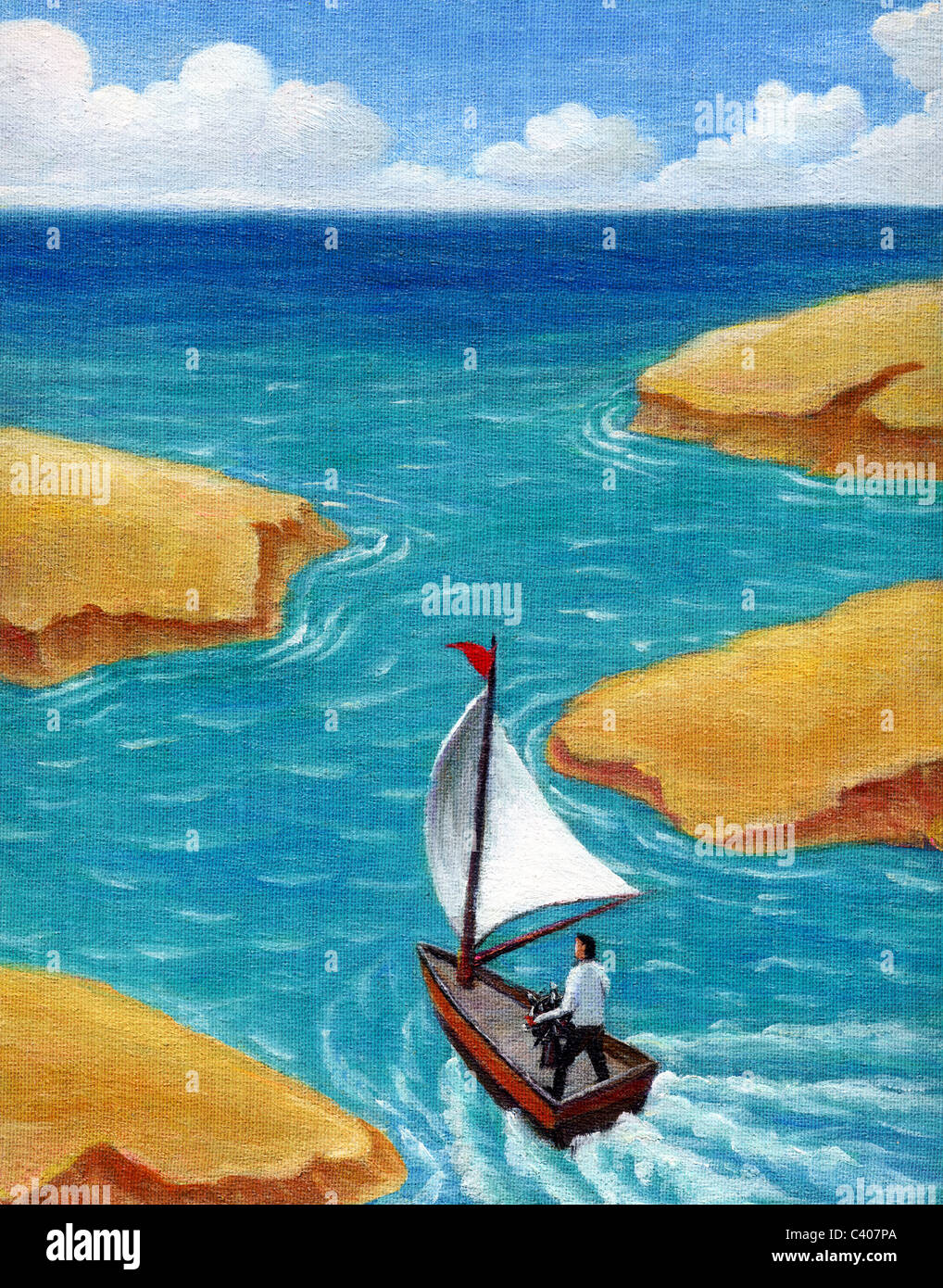Illustration of a man sailing a boat Stock Photo - Alamy