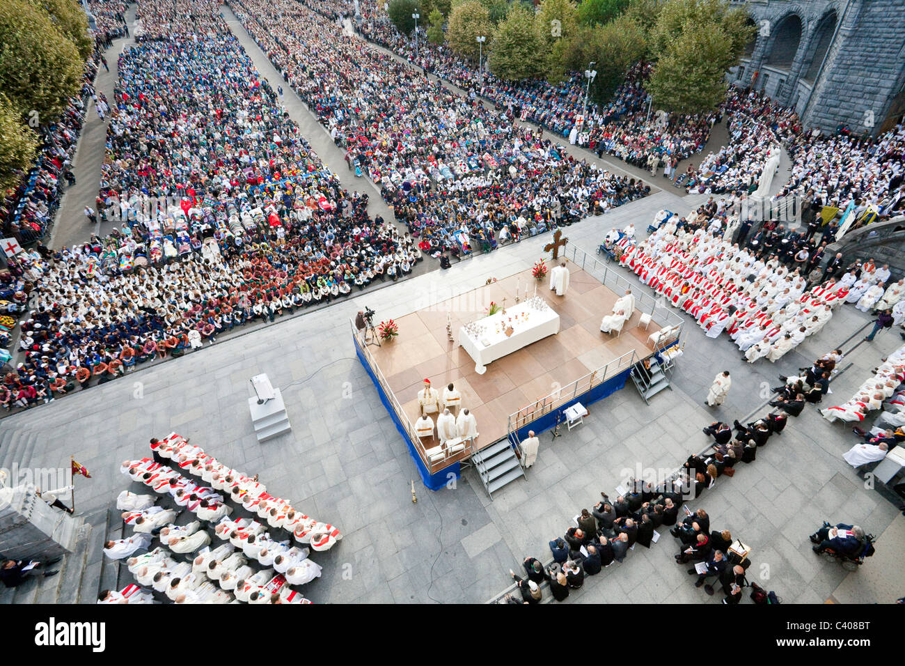 France, Europe, Lourdes, Pyrenees, place of pilgrimage, hope, miracle, disabled, hinders, believers, creditors, religion, fair, Stock Photo