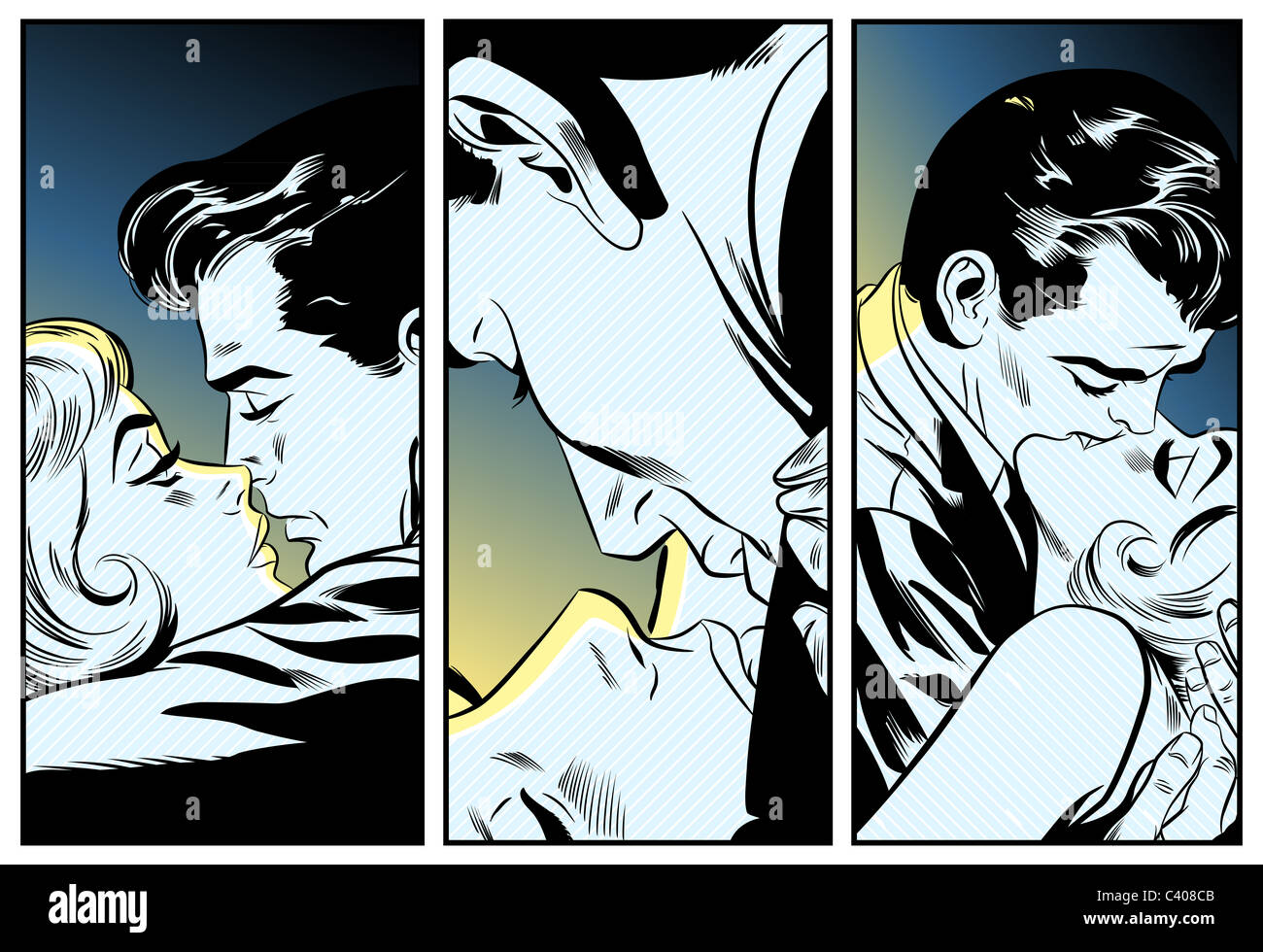 A retro comic strip illustration of three couples kissing Stock Photo