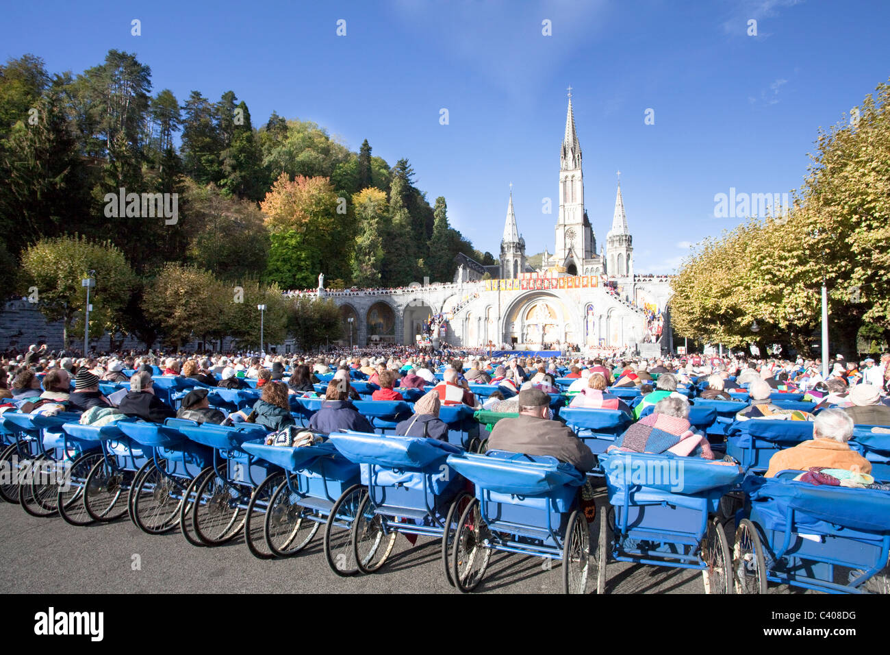 France, Europe, Lourdes, Pyrenees, place of pilgrimage, hope, miracle, disabled, hinders, believers, creditors, religion Stock Photo