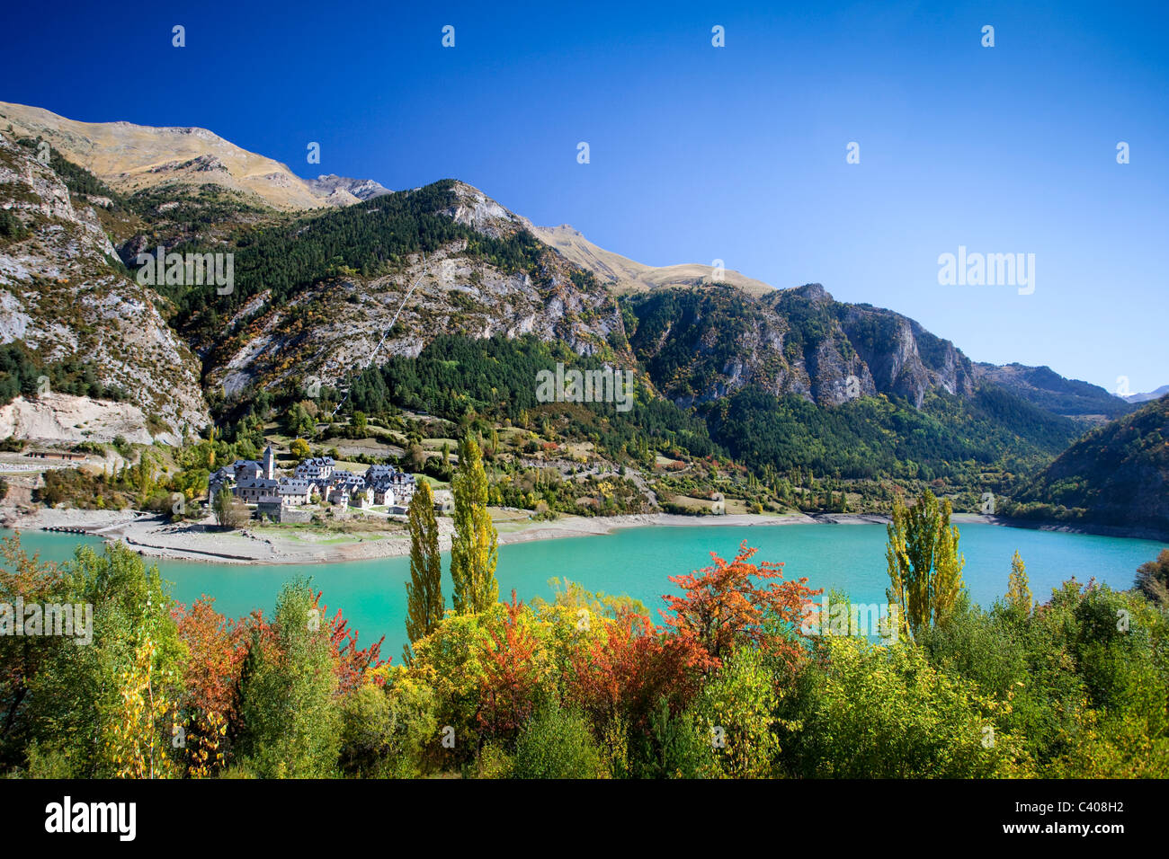 Spain, Europe, Aragon, Huesca, Pyrenees, Lanuza, mountains, lake, sea, trees, autumn Stock Photo