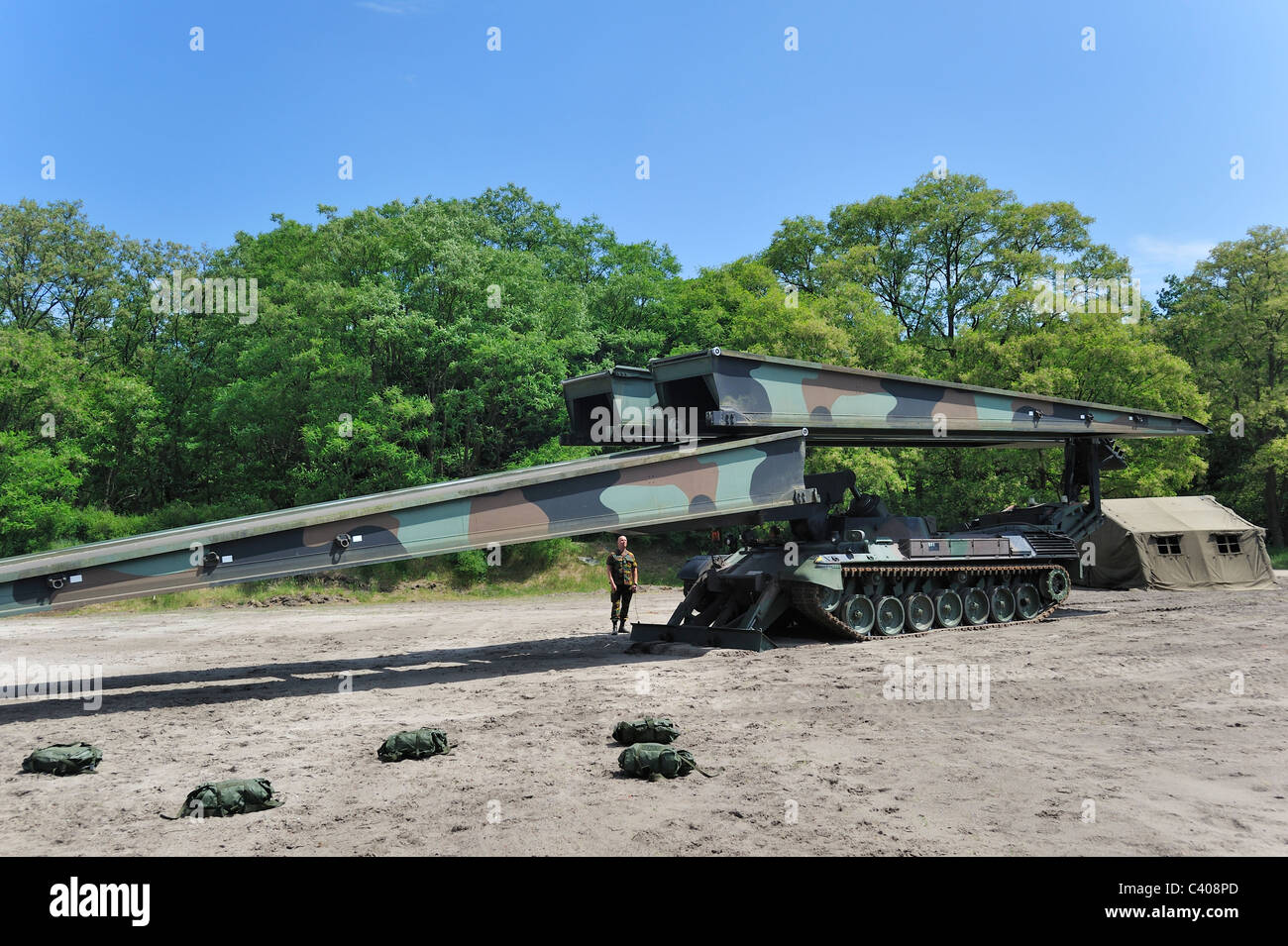Iguana support bridge mounted on Leopard I tank, combat engineer vehicle of the Belgian army, Belgium Stock Photo
