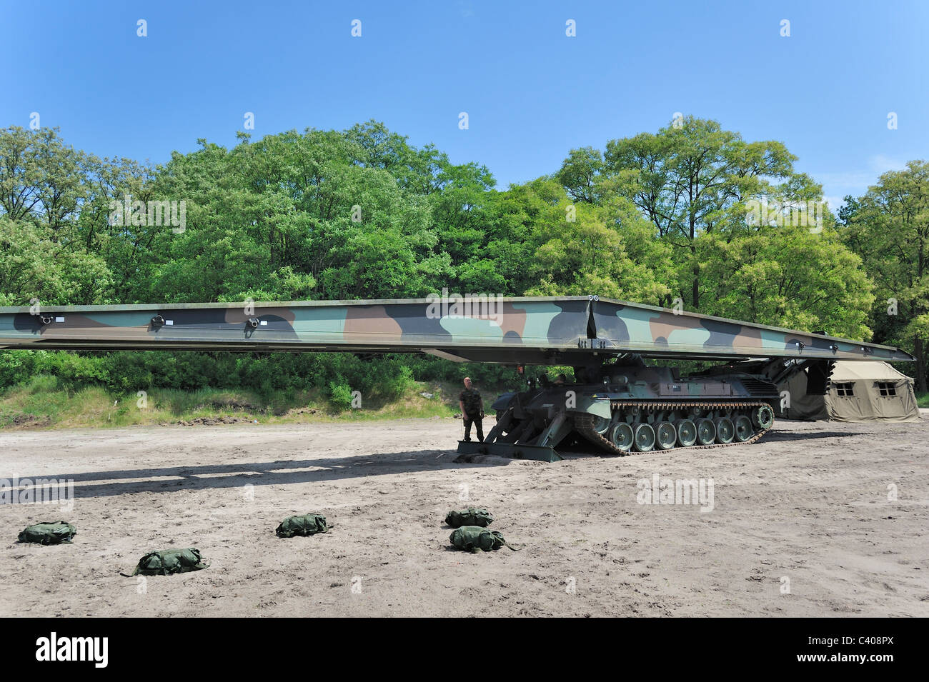 Iguana support bridge mounted on Leopard I tank, combat engineer vehicle of the Belgian army, Belgium Stock Photo