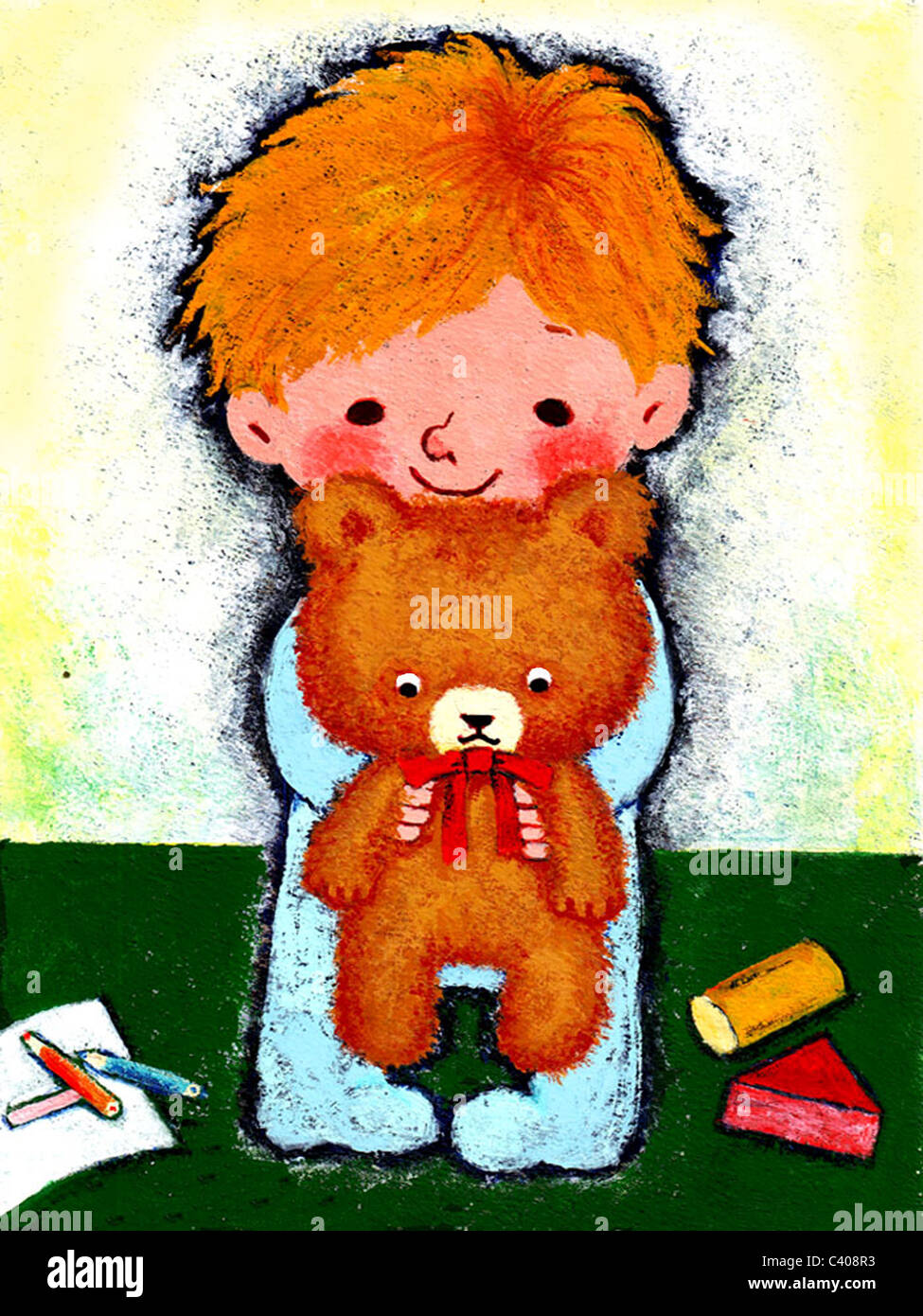 Illustration of a young boy holding a teddy bear Stock Photo - Alamy