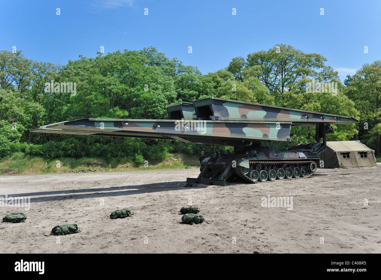 Iguana support bridge mounted on Leopard I tank, combat engineer vehicle of the Belgian army, Belgium Stock Photo