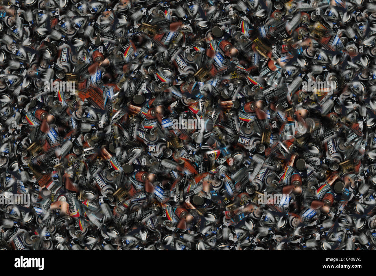 Dynamic vision of a large number of AA batteries, ready to be recycled Stock Photo