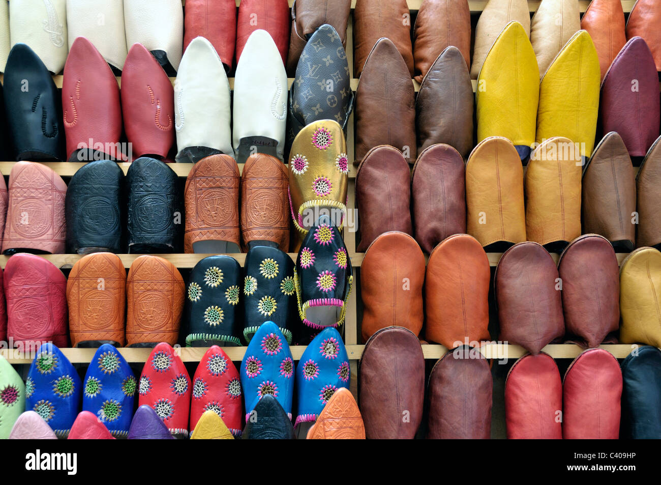 Africa, North Africa, Fez, called, mentioned, Moroccan, Morocco, shoes, mules, slippers, Souk, typical, brightly Stock Photo