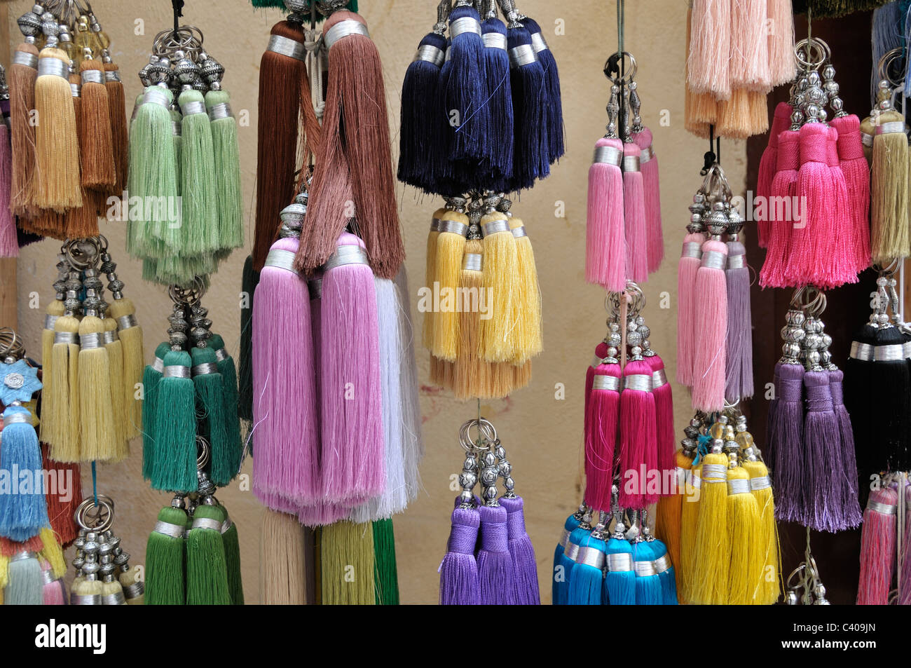 Africa, North Africa, Fez, Morocco, tassels, key chain, Souk, bright, souvenir Stock Photo