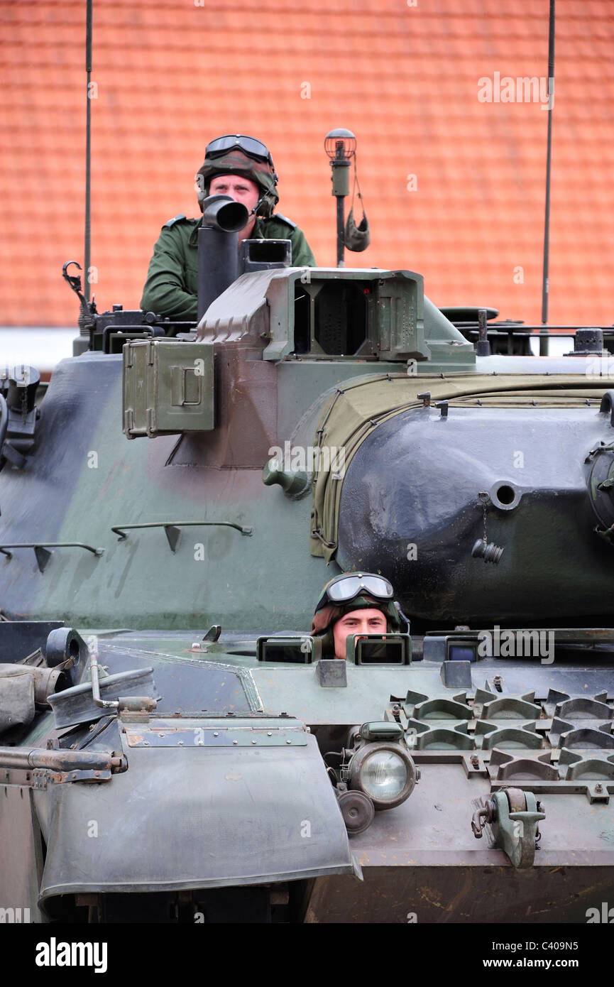 Driver and commander in turret of Leopard 1 battle tank of the Belgian army, Belgium Stock Photo