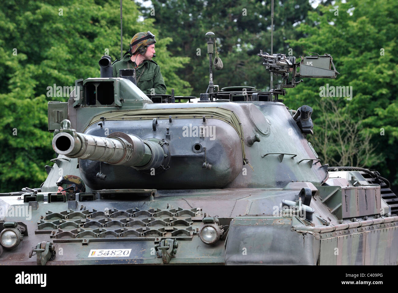 Driver and commander in turret of Leopard 1 battle tank of the Belgian army, Belgium Stock Photo