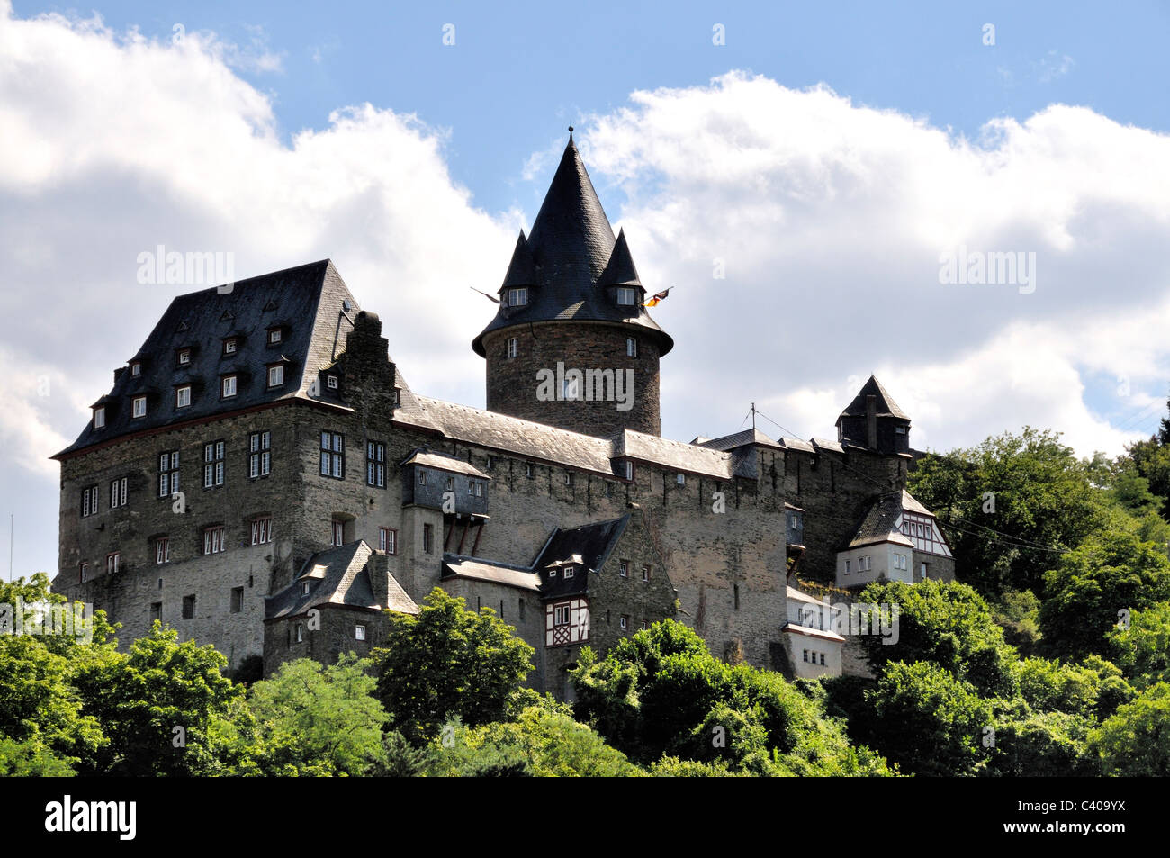 Bacharach, Germany, Europe, Middle Ages, Rhine Valley, Rhineland-Palatinate, UNESCO, world heritage, youth hostel, castle, steel Stock Photo