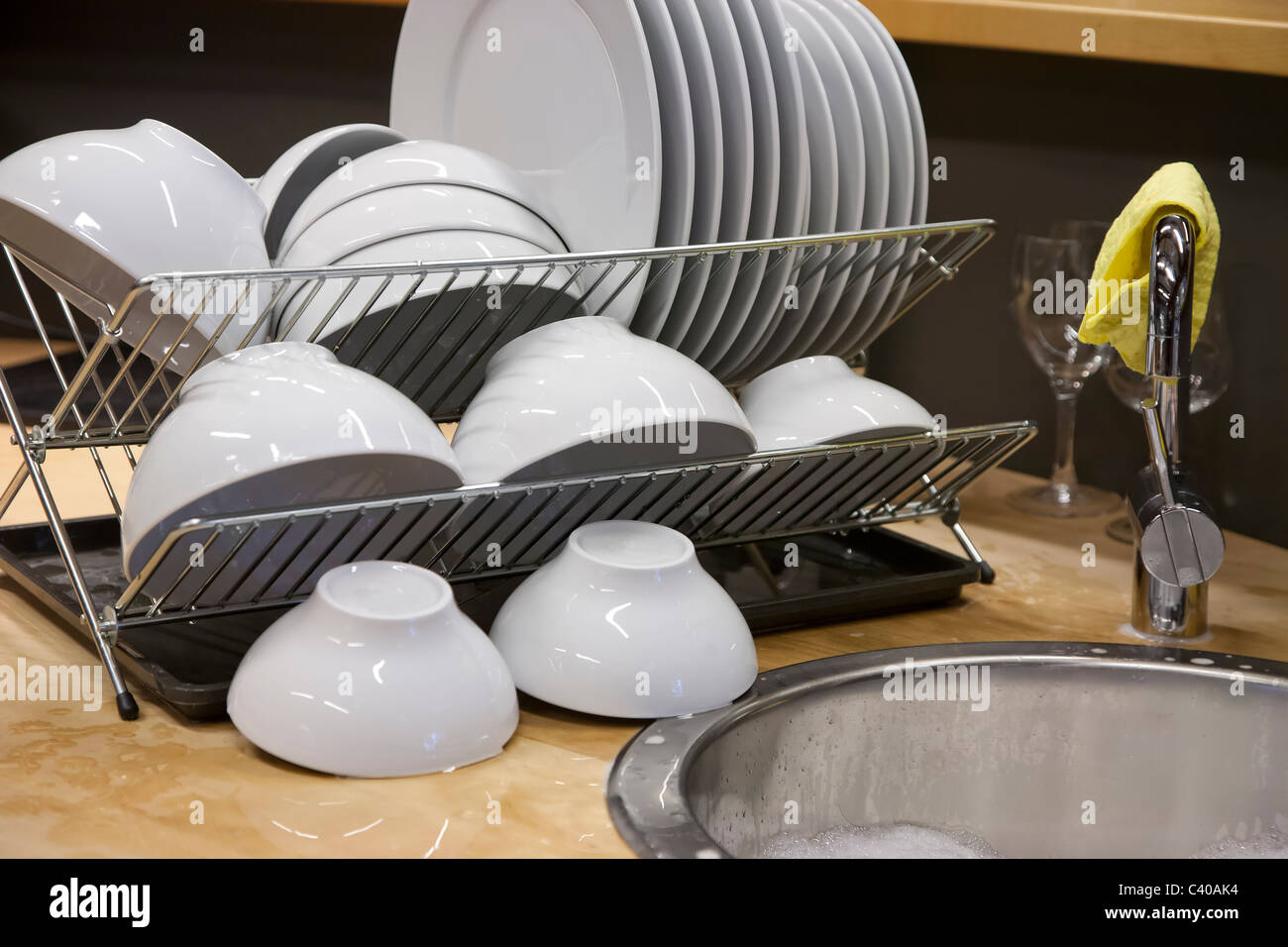 Clean, washed dish drying Stock Photo
