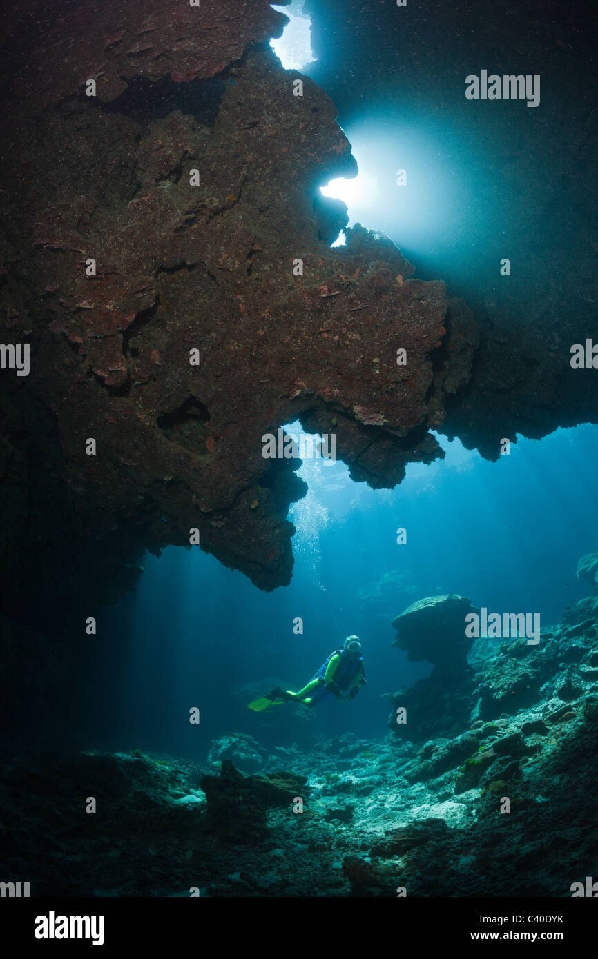 Sunbeam in Underwater Cave, Namena Marine Reserve, Fiji Stock Photo