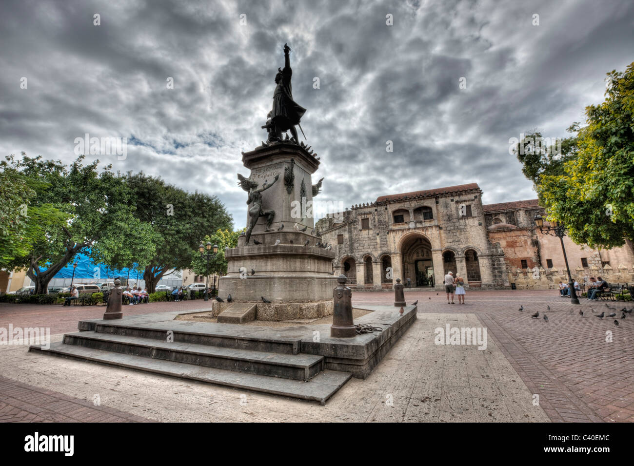Plaza Colon with Columbus Memorial Statue and Cathedral, Santo Domingo, Dominican Republic Stock Photo