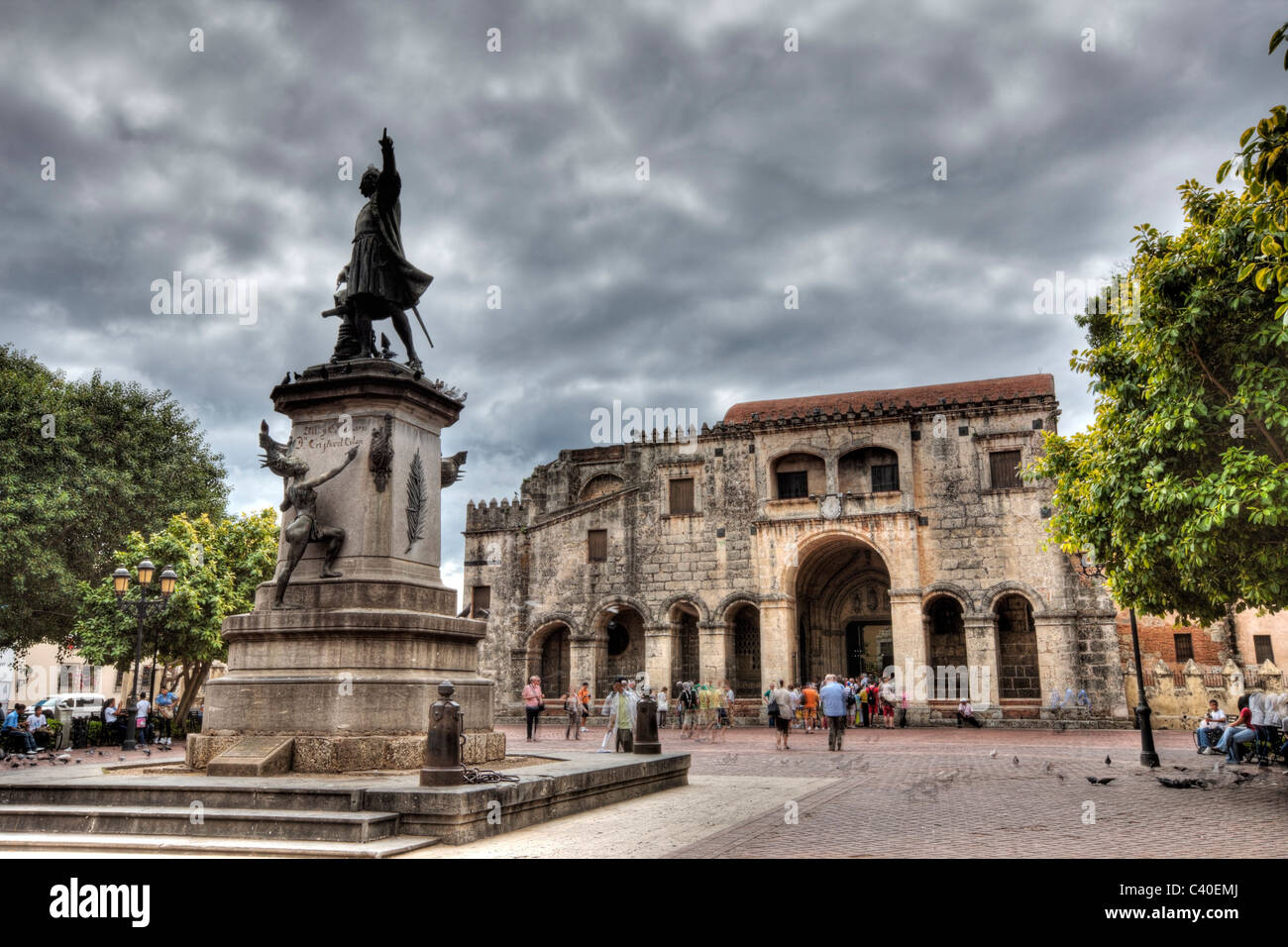 Plaza Colon with Columbus Memorial Statue and Cathedral, Santo Domingo, Dominican Republic Stock Photo