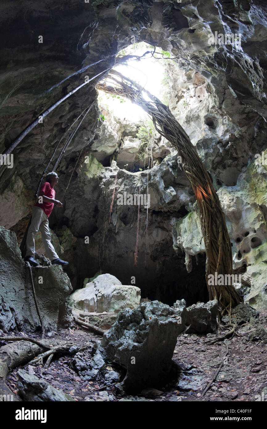 Tourist inside San Gabriel Limestone Cave, Los Haitises National Park, Dominican Republic Stock Photo