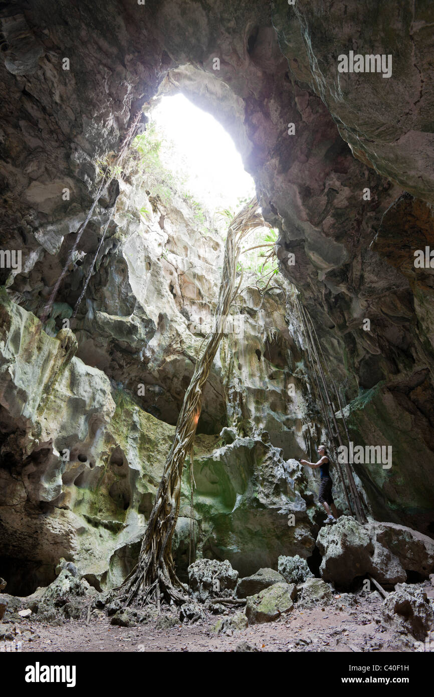 Tourist inside San Gabriel Limestone Cave, Los Haitises National Park, Dominican Republic Stock Photo