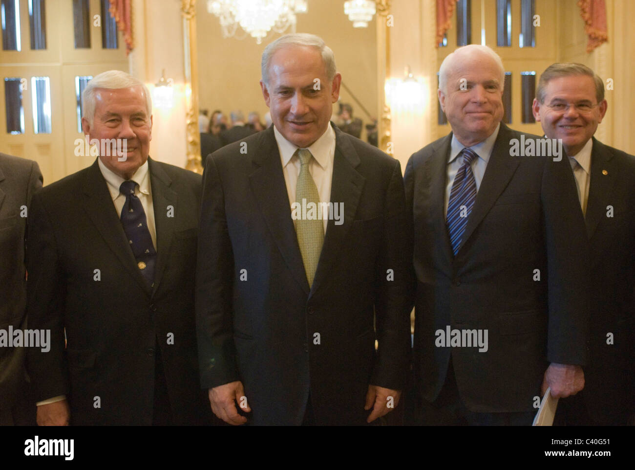 Israeli Prime Minister Benjamin Netanyahu (C) meets with U.S. Senators including (L-R) Sen. Richard Lugar (R-IN), Sen. John McCa Stock Photo