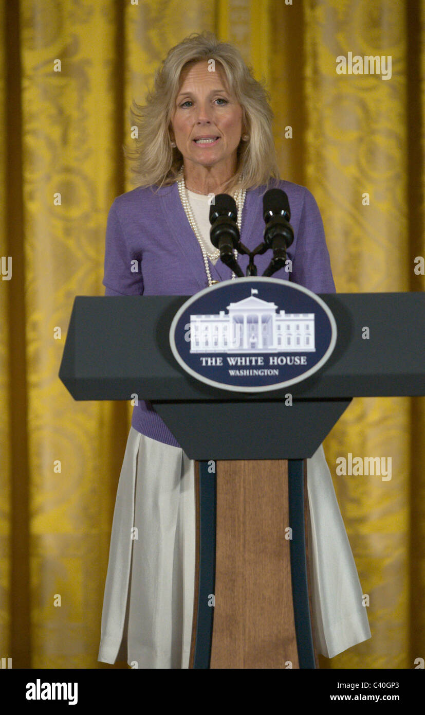 Dr. Jill Biden, wife of U.S. Vice President Joe Biden, speaks in the East Room of the White House. First lady Michelle Obama and Stock Photo