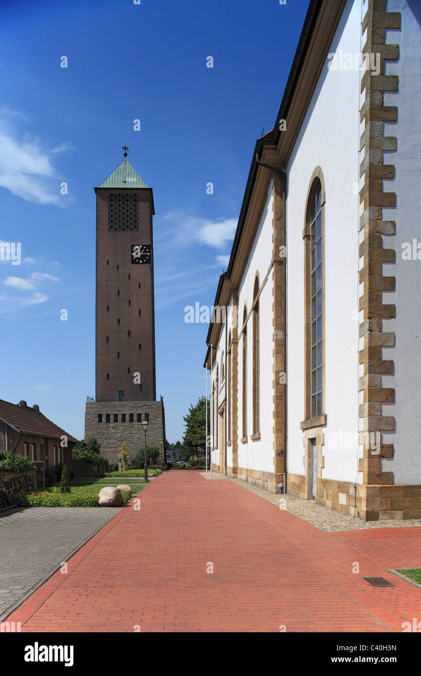 Catholic, parish church, church, Saint Vitus, hall church, bell tower, belfry, Loningen, Hasetal, Lower Saxony, Germany, Europe Stock Photo