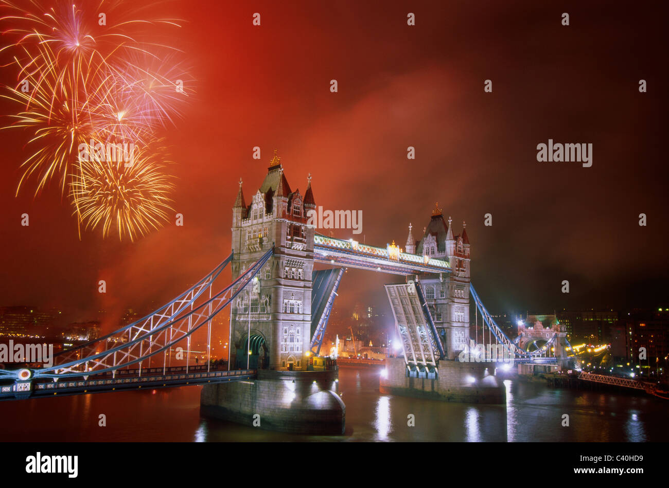 Bridge, England, United Kingdom, Great Britain, Europe, Fireworks, Holiday, Landmark, London, Night, Tourism, Tower bridge, Towe Stock Photo