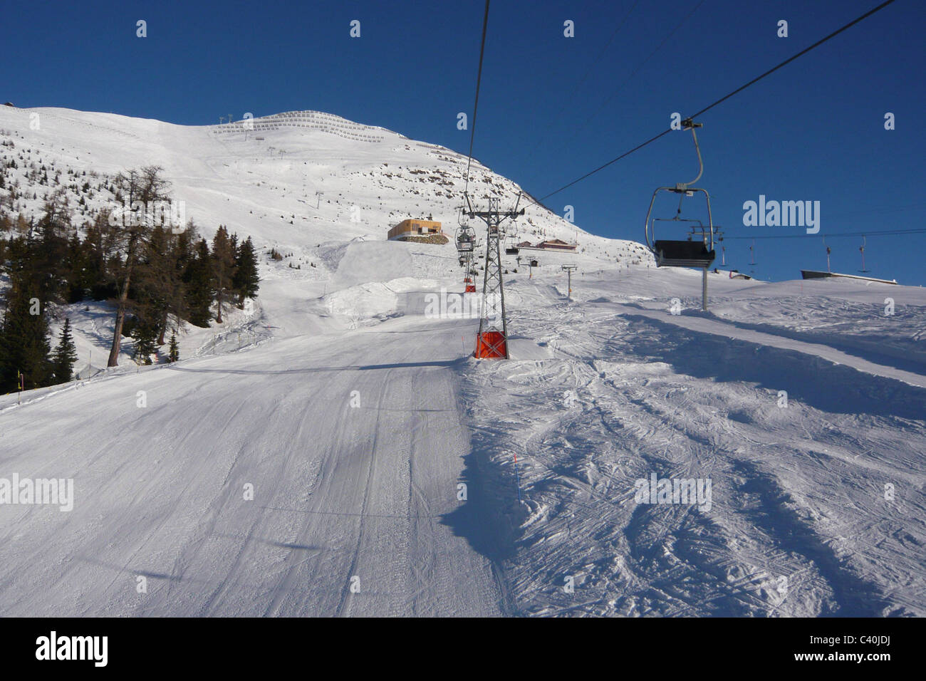 Switzerland, Valais, Bellwald, ski lift, armchair elevator, ski slope, winter, snow Stock Photo