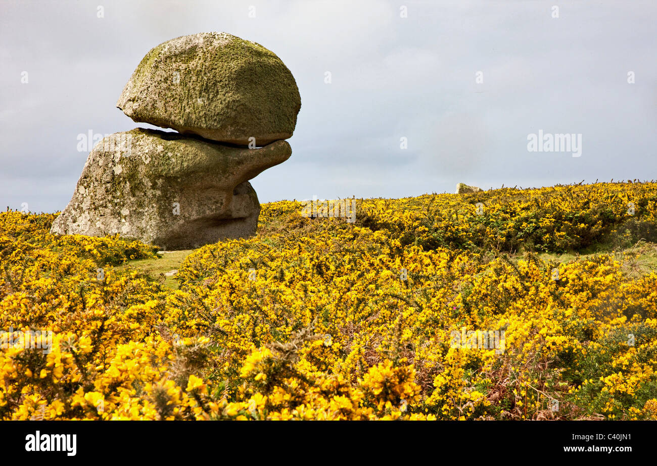 Punch Bowl rock is a weathered granite tor on Wingletang Down St Agnes in the Isles of Scilly Stock Photo