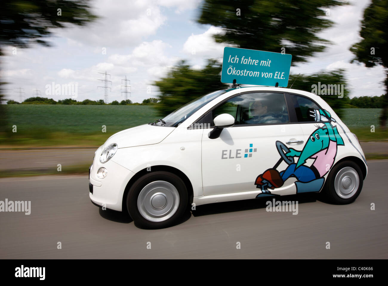 Electric car, powered by an electric motor, using energy, stored in batteries. Fiat 500 type