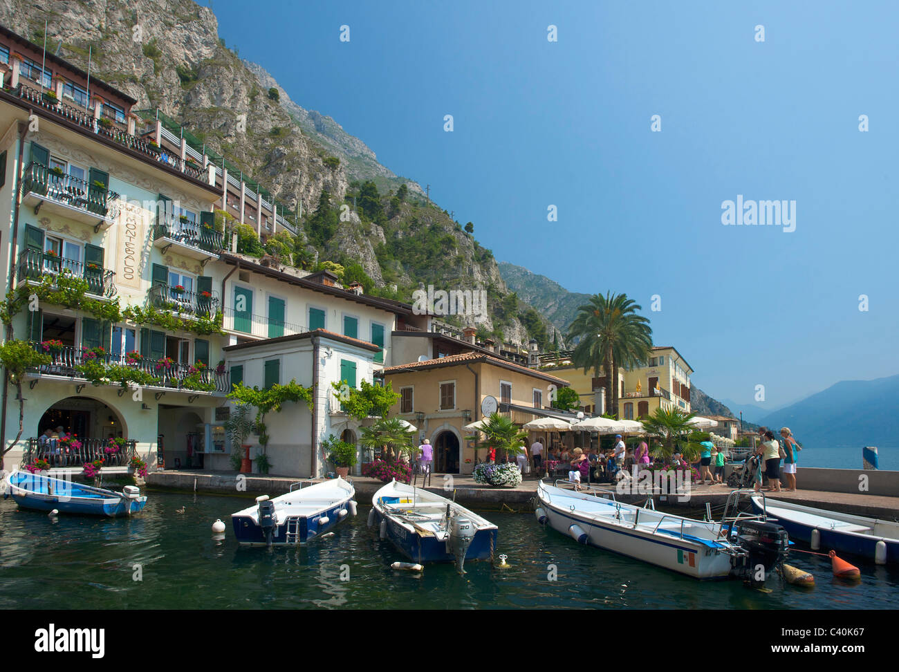 Lake Garda, Italy, harbour, port, lime, cedrat, Lombardy, houses, homes, boats Stock Photo