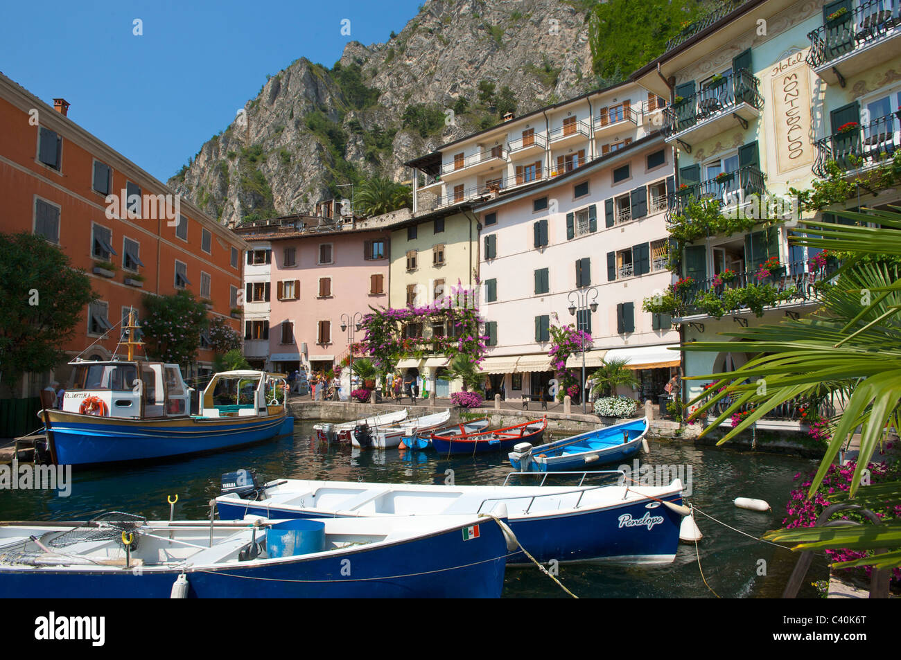 Lake Garda, Italy, harbour, port, lime, cedrat, Lombardy, houses, homes, boats Stock Photo
