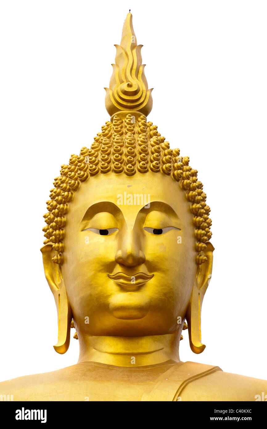 head of giant golden buddha statue of wat muang, the highest in thailand, Angthong. isolated on white background Stock Photo