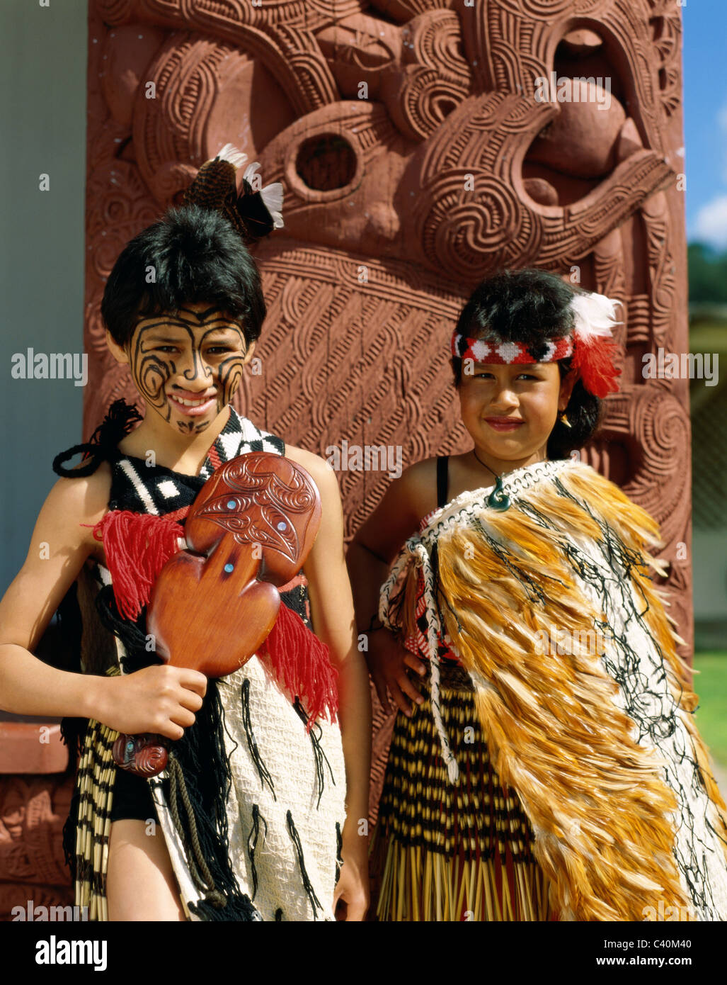 Children, Costumes, Ethnic, Holiday, Landmark, Maoris, Natives, New zealand, Outdoors, People, Rotorua, Tourism, Traditional, Tr Stock Photo