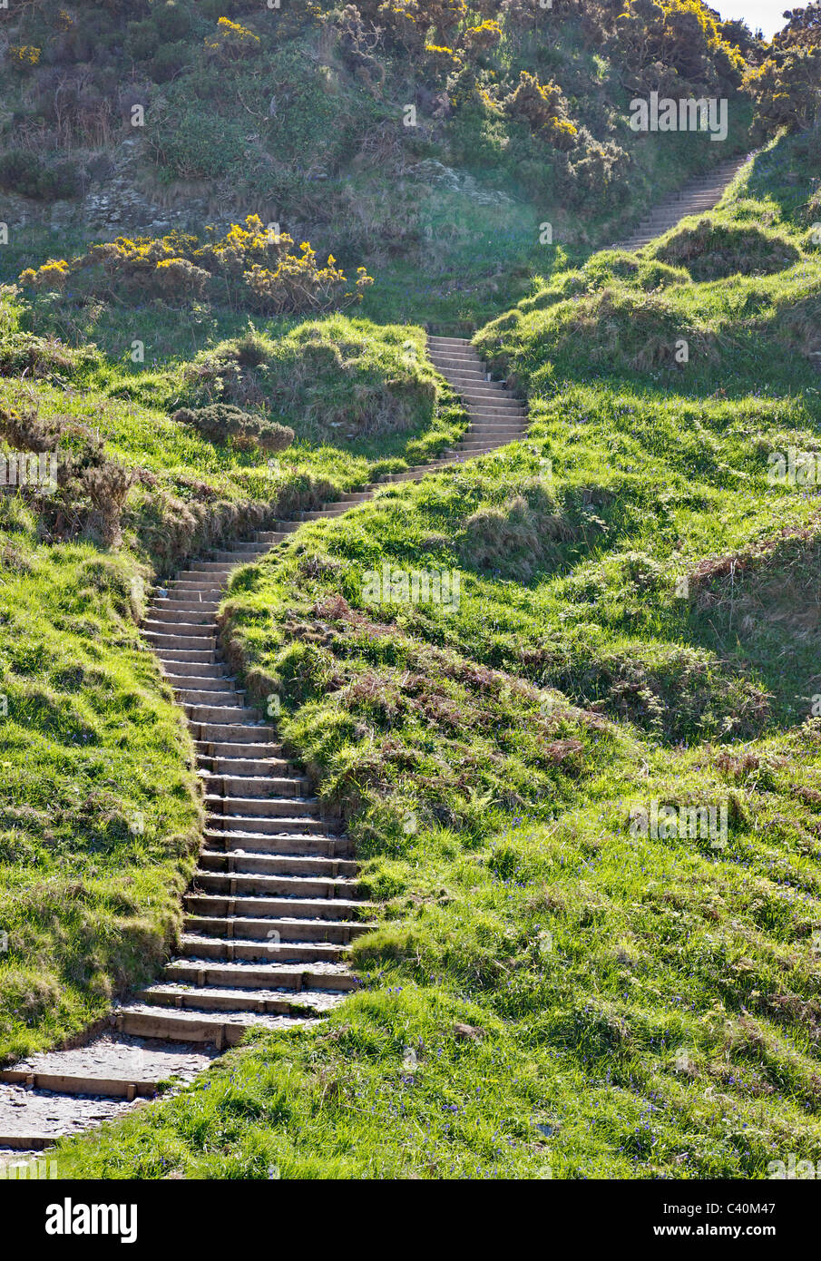Steep steps up a small cliff on the South West coast path in North Devon near Woolacombe Stock Photo