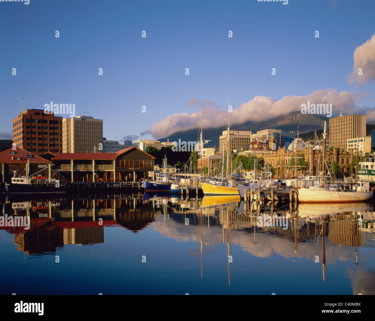 Australia, Boats, Buildings, City, Derwent river, Hobart, Holiday, Landmark, Mount wellington, Port, Skyline, Skyscrapers, Tasma Stock Photo
