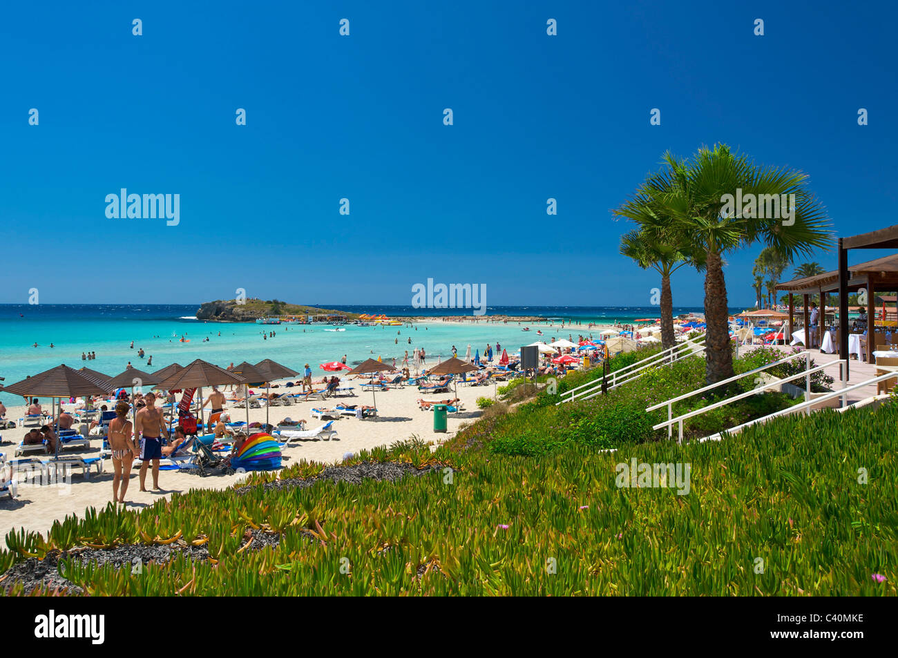 South Cyprus, Cyprus, Europe, island, isle, Mediterranean  Sea, Europe, European, Nissi Beach, Agia Napa, Ayia Napa, sand beach, Stock Photo
