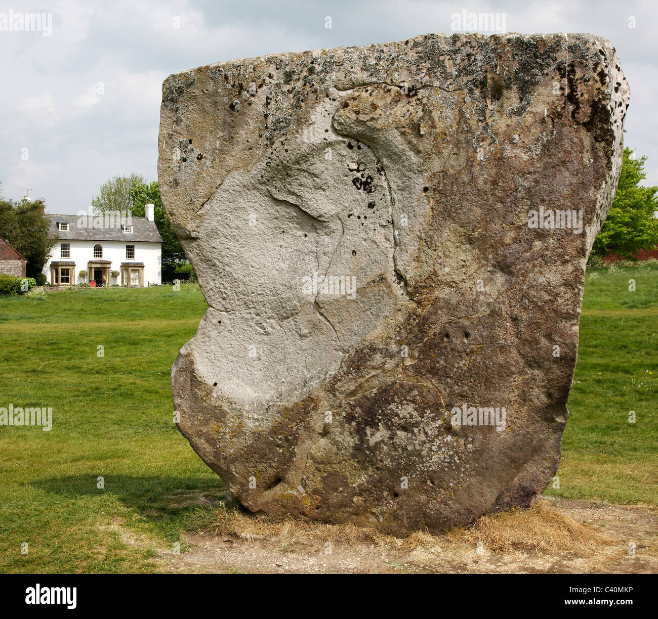 Massive sarsen monolith in  the  outer stone circle of Avebury in Wiltshire with a village house beyond Stock Photo