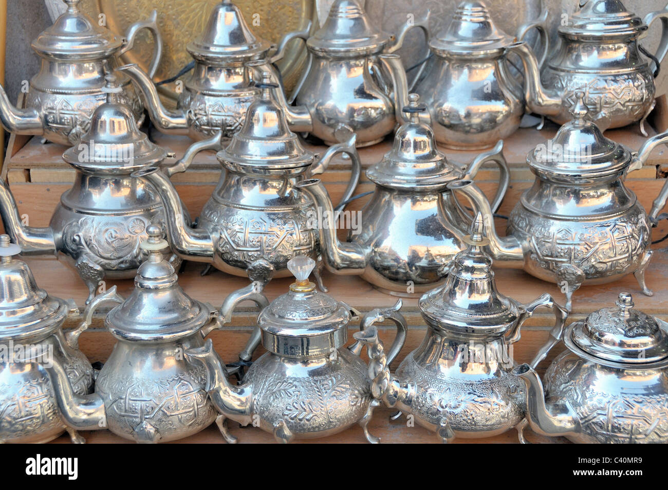 Dishes, Harness, market, Morocco, Marrakech, Medina, teapots, tea cookers, goods, wares, economy Stock Photo